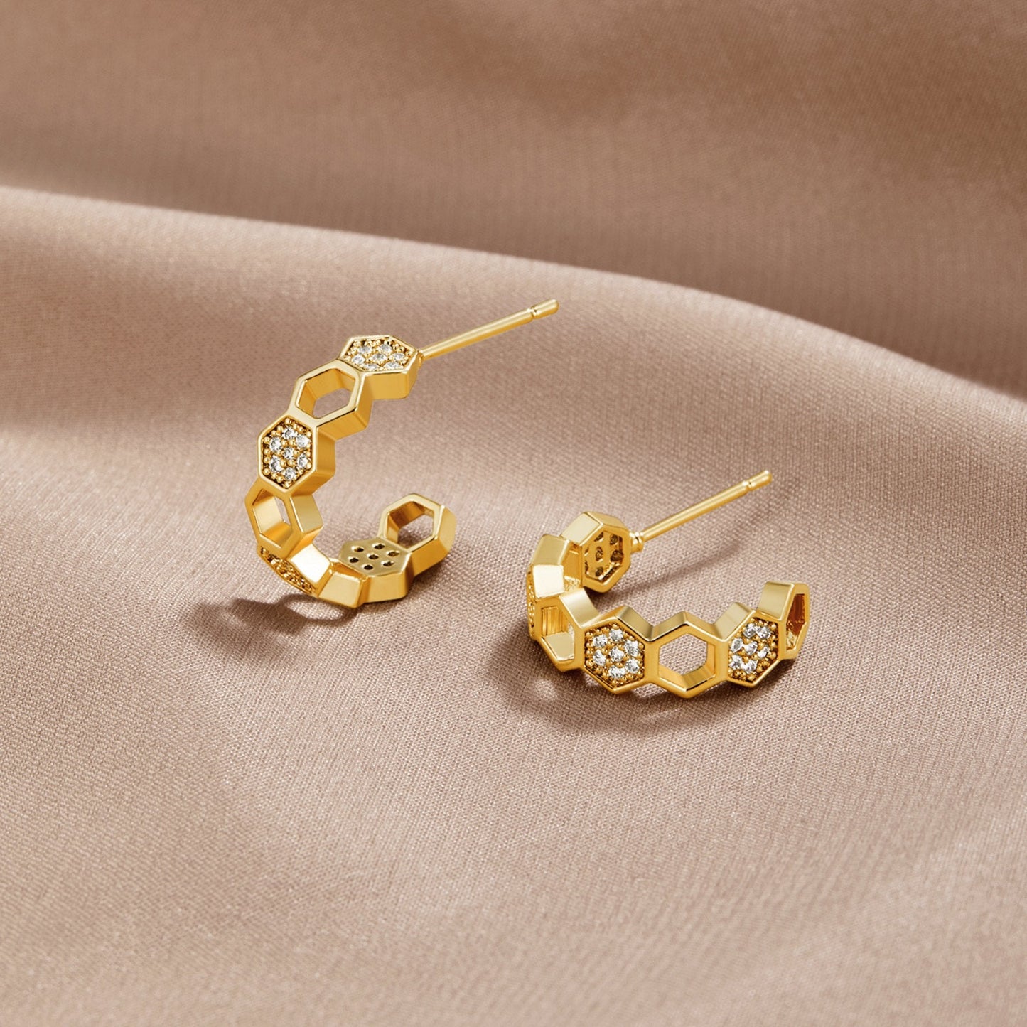 Honeycomb Hoop Gold & Crystal Earrings